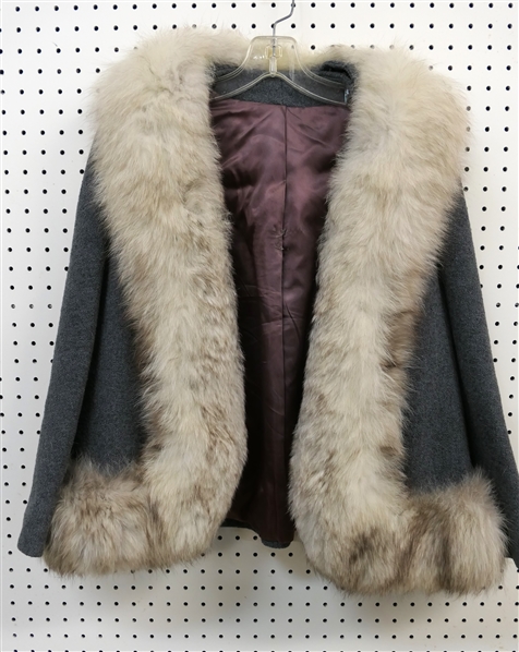 Vintage Camella Fur Trimmed Jacke t- Steven Hockanum Fabric - Blue with White Rabbit Trim - Size Small / Medium 