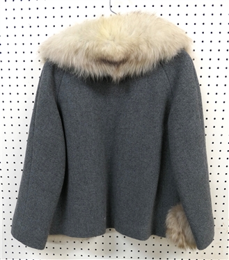 Vintage Camella Fur Trimmed Jacke t- Steven Hockanum Fabric - Blue with White Rabbit Trim - Size Small / Medium 