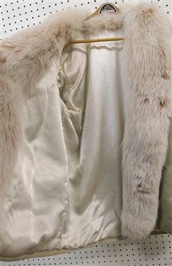 Light Tan Leather Coat with White Fur Collar and Trim - Size Medium 