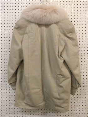 Light Tan Leather Coat with White Fur Collar and Trim - Size Medium 