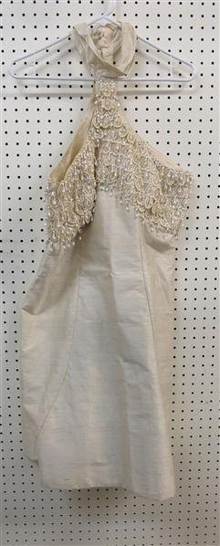 Beautiful Vintage Cream Raw Silk Cocktail Dress with Beautiful Beaded Bodice with Pearls, Glass Beads, and Sequins - Approximately Size 12 