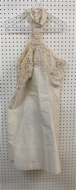 Beautiful Vintage Cream Raw Silk Cocktail Dress with Beautiful Beaded Bodice with Pearls, Glass Beads, and Sequins - Approximately Size 12 
