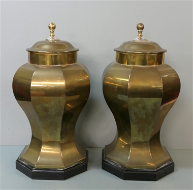 Pair of Brass Decorator Urns - Affixed Tops - Wood Bases - Each Urn Measures 20 Tall 