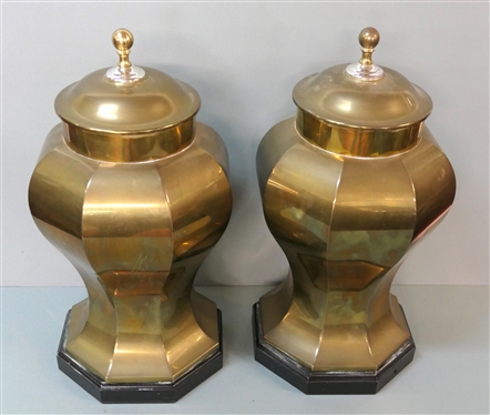 Pair of Brass Decorator Urns - Affixed Tops - Wood Bases - Each Urn Measures 20 Tall 