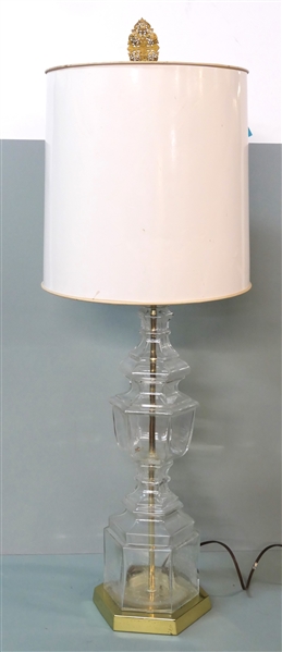 Unusual Clear Glass Table Lamp with Gold Tone Metal Base - Lamp Measures 24" Tall to Bulb