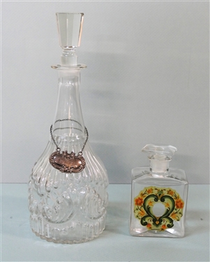 Metropolitan Museum of Art Crystal Decanter with Sterling Silver Bourbon Tag - Bottle Marked MMA and Small Dresser Bottle with Applied Heart - Decanter Measures 12 Tall 
