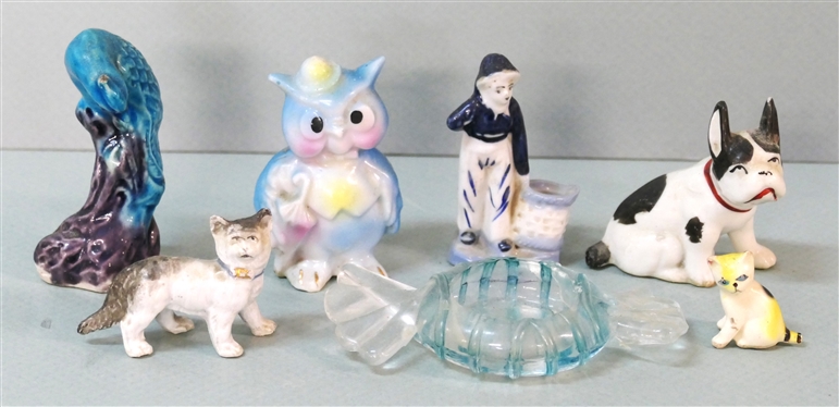 7 Trinkets and Tchotchkes - Japan dog, Japan Owl, Japan Blue and White Boy, Blue Bird, White Cat, Yellow Cat with Broken Tail, and Glass Candy - Bird Measures 3 1/2 Tall 