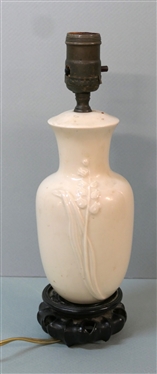 Vintage White Ceramic Bedroom Lamp with Embossed Flowers - Wood Base - Lamp Measures 12 Tall 