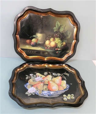 2 Metal Serving Trays with Fruit Still Life Scenes - Trays Measure 18 by 22 