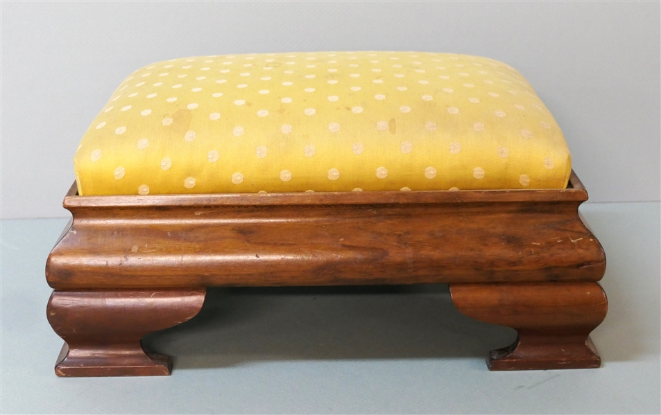 Classical Mahogany Foot Stool - Yellow / Gold Dotted Upholstery - Stool Measures 7" Tall 16" by 13" - Upholstery Needs Cleaning 