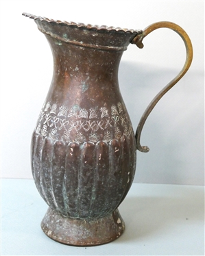 Egyptian Hand Decorated Copper Pitcher  - Hand Chased Decoration and Ribbed Body - Pitcher Measures 12 Tall - Marked Egypt on Bottom 