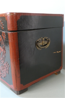 Red and Black Lacquer Chinoiserie Chest - Brass Hardware - Chest Measures 11 Tall 22 1/2 by 11 - Some Paint Loss on Box Lid - See Photo