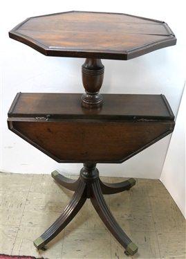 Duncan Phyfe Style Mahogany Dumbwaiter Table - Octagon Shaped with Folding Leaves - Brass Tipped Feet and Castors  - Table Measures 39 Tall 25 Across - 2 Small Pieces of Trim Molding Are Missing...