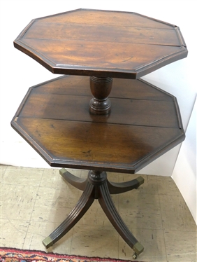 Duncan Phyfe Style Mahogany Dumbwaiter Table - Octagon Shaped with Folding Leaves - Brass Tipped Feet and Castors  - Table Measures 39 Tall 25 Across - 2 Small Pieces of Trim Molding Are Missing...