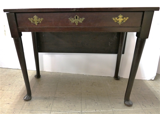 19th Century Walnut Drop Side End Table with Drawer - Original Finish - Padded Feet - Dovetailed Drawer with Pine Secondary Wood - Dovetailed Case with Oak Secondary - Brass Hardware- Table...