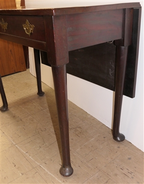 19th Century Walnut Drop Side End Table with Drawer - Original Finish - Padded Feet - Dovetailed Drawer with Pine Secondary Wood - Dovetailed Case with Oak Secondary - Brass Hardware- Table...