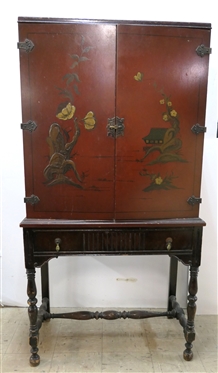1930''s Chinoiserie Painted Cabinet with Divided Drawer - Wood Shelves Inside - Chinese Scene on Doors - Cabinet Measures 56 1/2 Tall 28 by 13 1/2 - Some Paint Loss on Side 