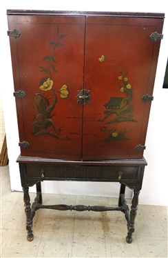 1930''s Chinoiserie Painted Cabinet with Divided Drawer - Wood Shelves Inside - Chinese Scene on Doors - Cabinet Measures 56 1/2 Tall 28 by 13 1/2 - Some Paint Loss on Side 