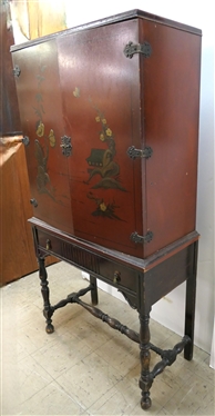 1930''s Chinoiserie Painted Cabinet with Divided Drawer - Wood Shelves Inside - Chinese Scene on Doors - Cabinet Measures 56 1/2 Tall 28 by 13 1/2 - Some Paint Loss on Side 