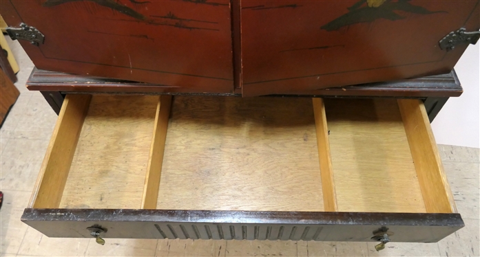 1930''s Chinoiserie Painted Cabinet with Divided Drawer - Wood Shelves Inside - Chinese Scene on Doors - Cabinet Measures 56 1/2 Tall 28 by 13 1/2 - Some Paint Loss on Side 