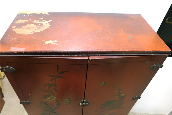 1930''s Chinoiserie Painted Cabinet with Divided Drawer - Wood Shelves Inside - Chinese Scene on Doors - Cabinet Measures 56 1/2 Tall 28 by 13 1/2 - Some Paint Loss on Side 
