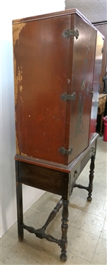 1930''s Chinoiserie Painted Cabinet with Divided Drawer - Wood Shelves Inside - Chinese Scene on Doors - Cabinet Measures 56 1/2 Tall 28 by 13 1/2 - Some Paint Loss on Side 