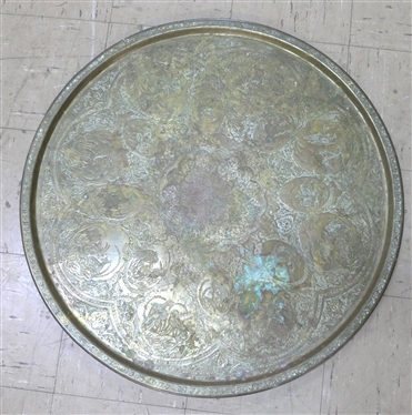 Large Embossed Brass Tray With Animal Scenes - Measures 27 Across
