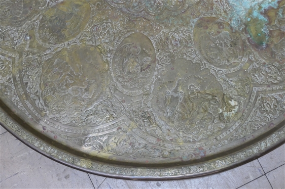Large Embossed Brass Tray With Animal Scenes - Measures 27 Across