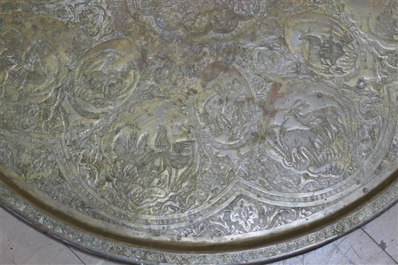Large Embossed Brass Tray With Animal Scenes - Measures 27 Across