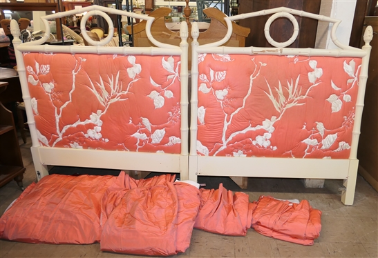2 Twin Size Bamboo Style Head Boards with Upholstered Centers and 4 Beautiful Coral Taffeta Drapery Panels -2 are Larger - Fully Lined 