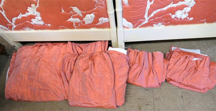 2 Twin Size Bamboo Style Head Boards with Upholstered Centers and 4 Beautiful Coral Taffeta Drapery Panels -2 are Larger - Fully Lined 