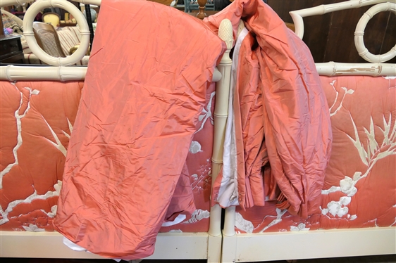 2 Twin Size Bamboo Style Head Boards with Upholstered Centers and 4 Beautiful Coral Taffeta Drapery Panels -2 are Larger - Fully Lined 