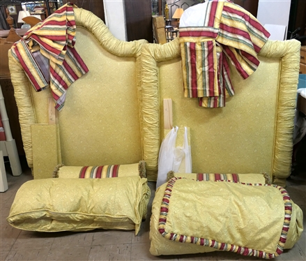 Pair of Pretty Golden Yellow Upholstered Headboards with Matching Comforters, Bed Skirts, and Bolster Pillows - All Custom Upholstered and Tailored -1 Pillow Sham -  Beds Have Metal Rails 