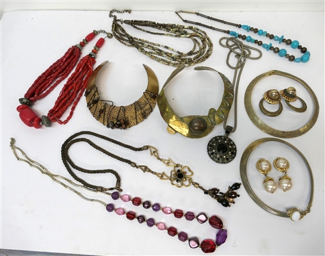10 Costume Jewelry Necklaces and 2 Pairs of Earrings - Beaded Statement Necklaces, Brass Collar Necklace, Long Silvertone with Pendant, and Others