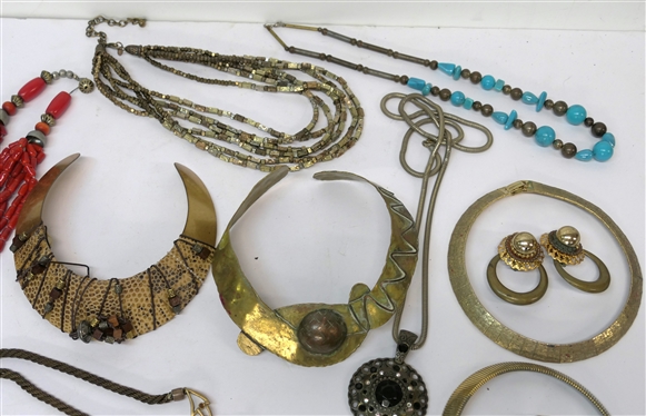 10 Costume Jewelry Necklaces and 2 Pairs of Earrings - Beaded Statement Necklaces, Brass Collar Necklace, Long Silvertone with Pendant, and Others