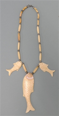 Beaded Necklace with Hand Carved Bone Fish - Bone Beads with Handmade Silver Spacer Beads - Necklace Measures - 20  Long - Largest Fish is 5 