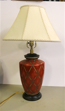 Nice Rust Red Ceramic Decorator Lamp with Wood Base - Nice Shade with Braided Trim - Lamp Measures 19 To Bulb 