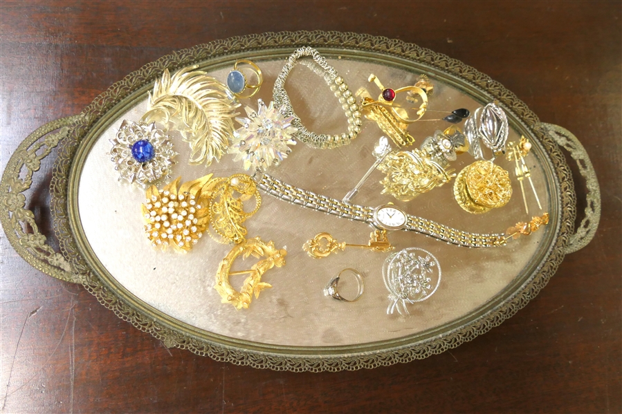 Oval Mirrored Dresser Tray with Brass Frame and Feet with Costume Jewelry - Rhinestone Brooches, Western Germany Clip, Stick Pins, Scarf Clips, Watch, Etc. 