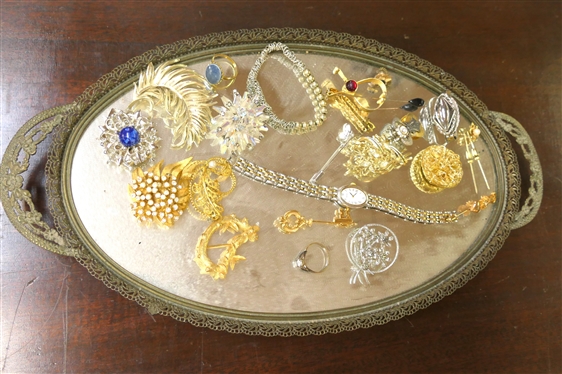 Oval Mirrored Dresser Tray with Brass Frame and Feet with Costume Jewelry - Rhinestone Brooches, Western Germany Clip, Stick Pins, Scarf Clips, Watch, Etc. 