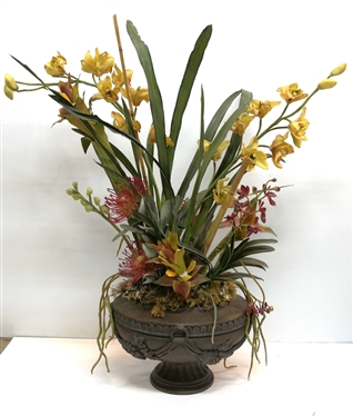 Pretty Decorator Urn with Nice Faux Exotic Flower Arrangement - Composition Urn Measures 9 tall 14 Across