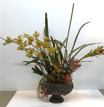 Pretty Decorator Urn with Nice Faux Exotic Flower Arrangement - Composition Urn Measures 9 tall 14 Across