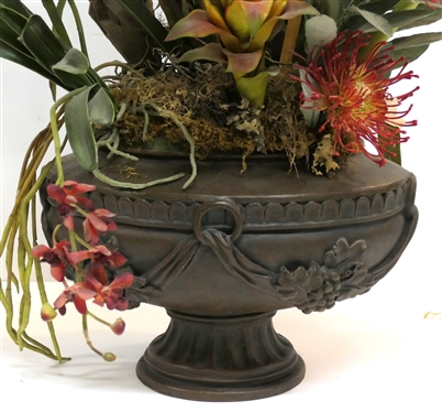Pretty Decorator Urn with Nice Faux Exotic Flower Arrangement - Composition Urn Measures 9 tall 14 Across
