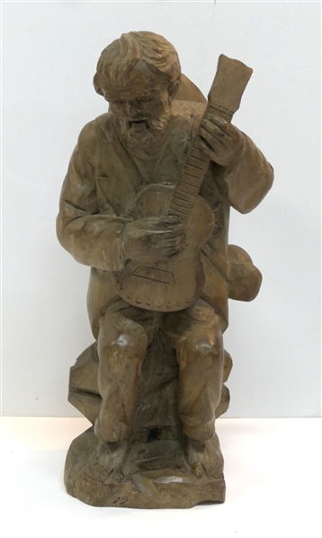 Hand Carved Wooden Musician Carving - Carved From Single Piece of Wood - Gentleman Playing Guitar - Statue Measures 14 1/2" Tall 