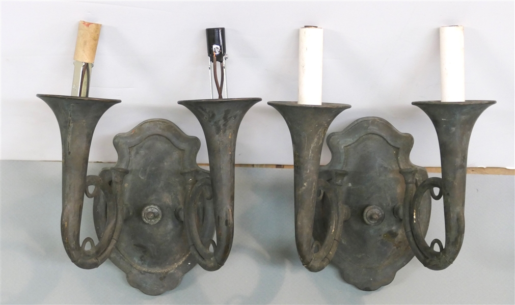 Pair of Horn Shaped Italian Brass 2 Light Electric Wall Sconces - Each Measures Approx 12" Long 8" Across - Patinaed Brass - Made in Italy 