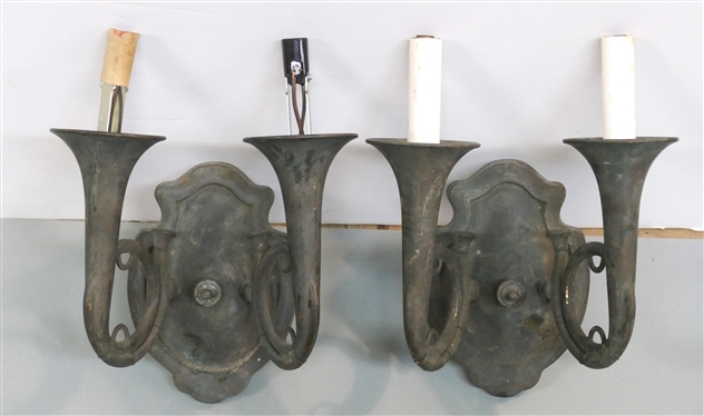 Pair of Horn Shaped Italian Brass 2 Light Electric Wall Sconces - Each Measures Approx 12 Long 8 Across - Patinaed Brass - Made in Italy 