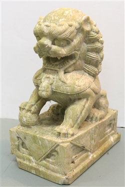 Hand Carved Limestone Foo Dog - Highly Detailed Carving - Statue Measures 12 tall 9 by 6 - Small Chip From Front Base 