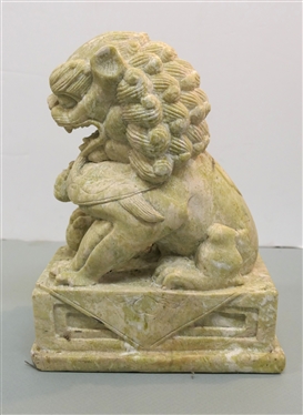Hand Carved Limestone Foo Dog - Highly Detailed Carving - Statue Measures 12 tall 9 by 6 - Small Chip From Front Base 