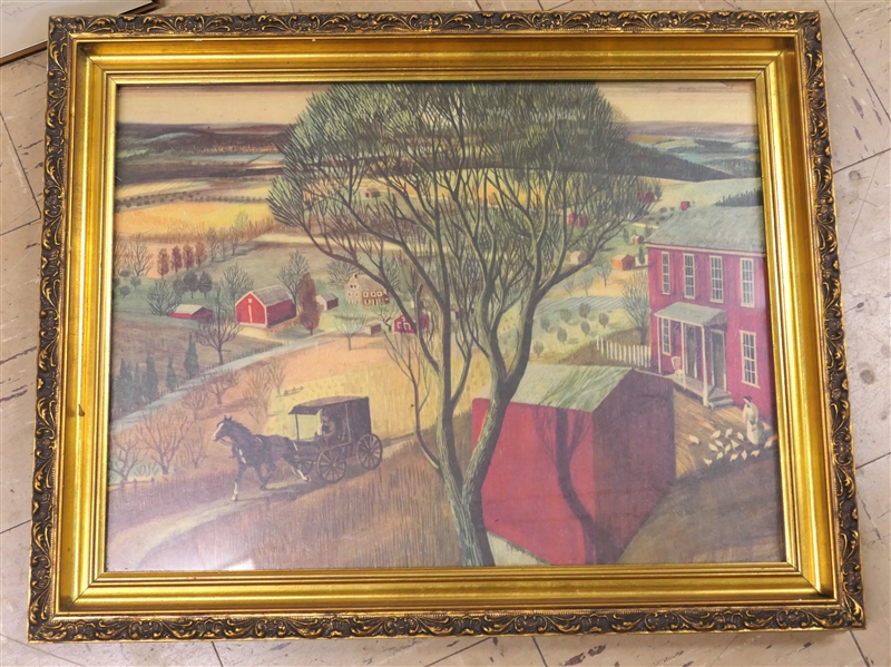 Antique Print in Nice Gold Gilt Frame - City Scene with Horse and Buggy - Frame Measures 25" by 20"