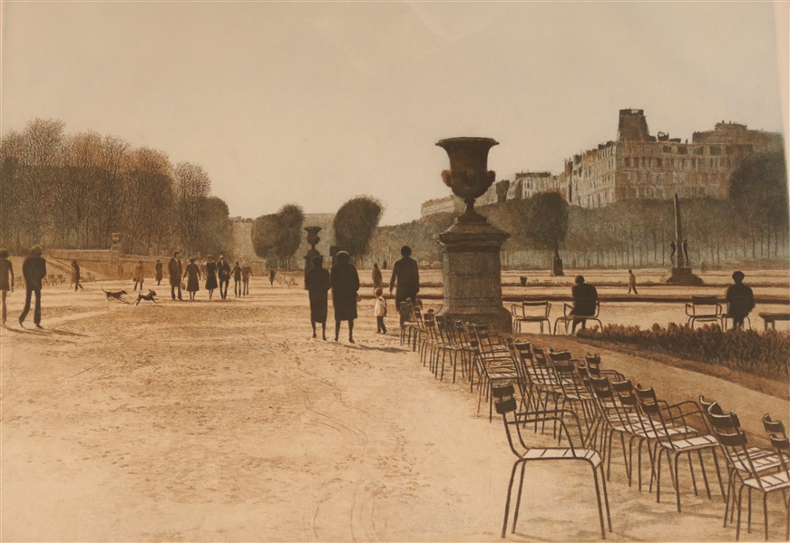Harold Altman "Chairs" Artist Signed and Numbered Etching Number 49/160 - Framed and Matted - Frame Measures 26 1/2" by 32" -Merrill Chase Gallery Certificate of Authenticity on Reverse - Harold...