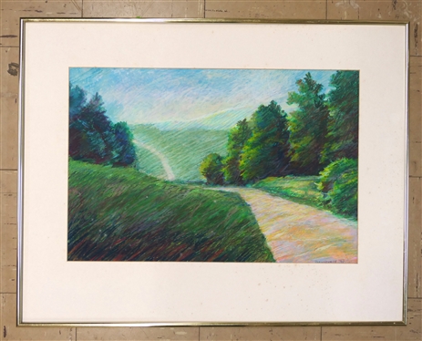 Rooftop on Virginia Ave Oil Pastel by Jenne Fitzgerald - 1992 - Framed and Matted - Art Measures 21 by 14- Frame is Missing Glass 